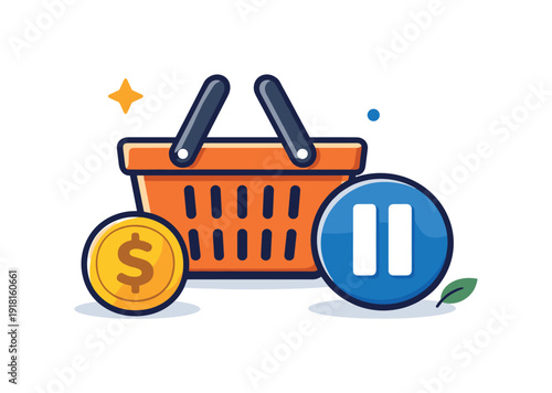 Mindful spending and purchase decision awareness in everyday life, a shopping basket paired with a pause icon and a coin representing intentional