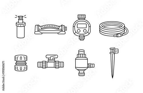 Garden lawn irrigation items: pop up sprinkler, oscillating sprinkler, hose timer, drip hose, hose connector, shutoff valve, pressure regulator