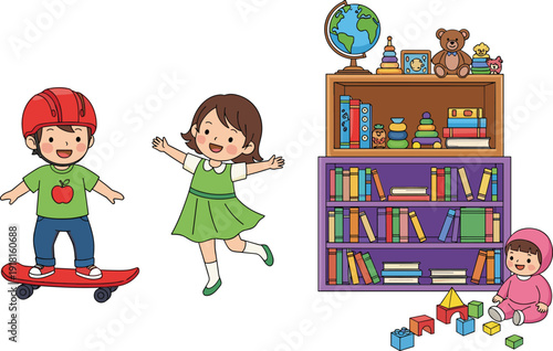 Happy children playing skateboard jumping and learning with bookshelf toys cartoon education vector illustration collection set