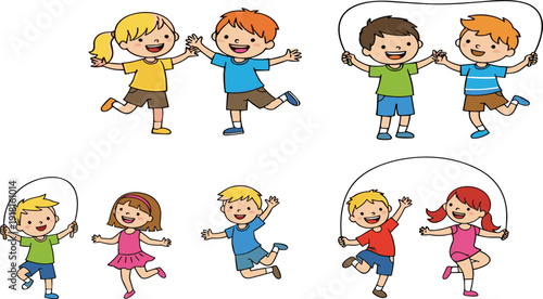 Happy children jumping rope and playing cartoon kids characters vector illustration collection isolated set