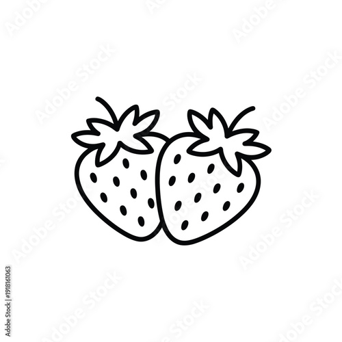 Simple black and white line drawing of two fresh strawberries