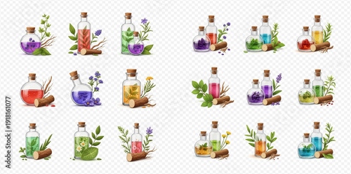 Collection of essential oils in glass bottles with natural ingredients and cork stoppers, for aromatherapy and wellness.