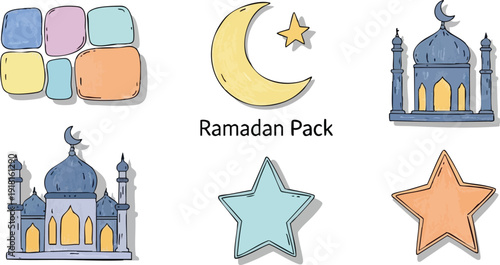 Hand drawn vector pack of ramadan symbols including crescent moon star mosque patterns and colorful abstract shapes with soft shadows and pastel colors