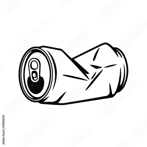 A black and white illustration of a crushed aluminum beverage can
