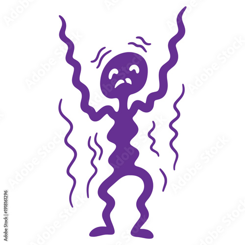 Stylized abstract purple cartoon character contorting with wavy lines indicating distress or emotional turmoil with a sorrowful facial expression isolated on a white background