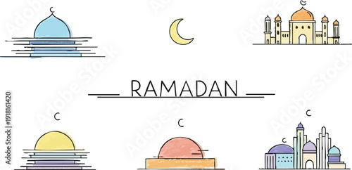 Minimalist colorful mosque domes with crescent moon and ramadan lettering in flat design style white background vector art illustration