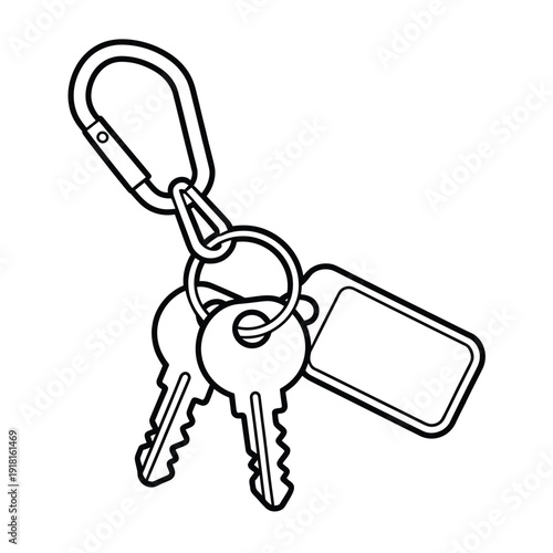 Line drawing of keys keyrings and a carabiner clip