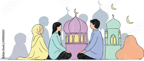 Flat design vector art of three people sitting and facing colorful mosque domes and crescent moons representing islamic prayer and spirituality in calm setting