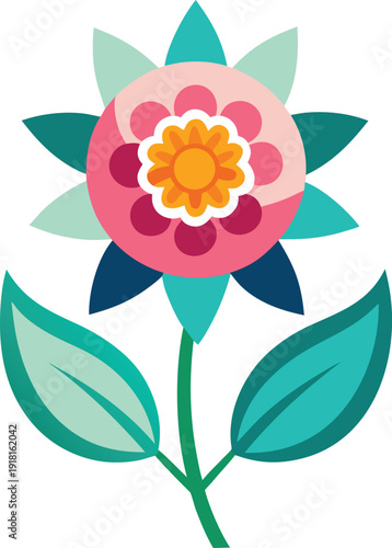 Vibrant pink flower with yellow center and green leaves