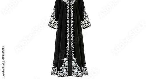 Elegant black dress with white embroidered floral patterns on sleeves and hem.