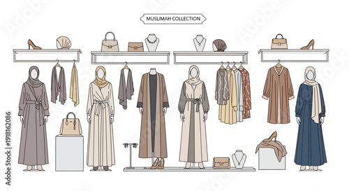 Fashionable women's clothing and accessories collection illustration.
