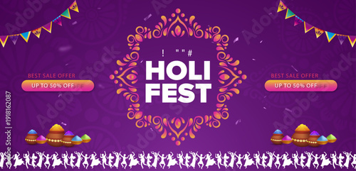 Happy Holi festival celebration header banner or poster design on purple background with water gun and bunting decoration.