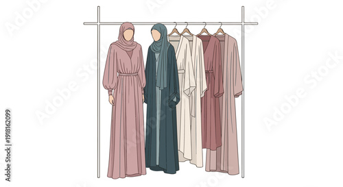 Muslim women wearing abayas standing near clothing rack with various abayas.