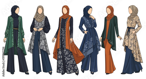 Diverse Muslim Women Outfits with Hijab and Long Coats Fashion Illustration.