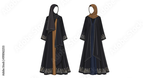 Two traditional Islamic abayas with intricate designs and modest clothing for Muslim women.