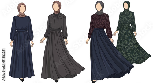 Four women wearing long dresses and headscarves in different styles and colors.