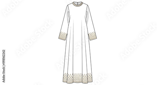 Simple elegant long sleeve dress with embroidered cuffs and hem.