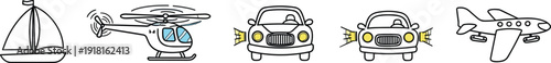 Outline transportation icons including sailboat helicopter cars and airplane simple editable stroke cartoon vector illustration set