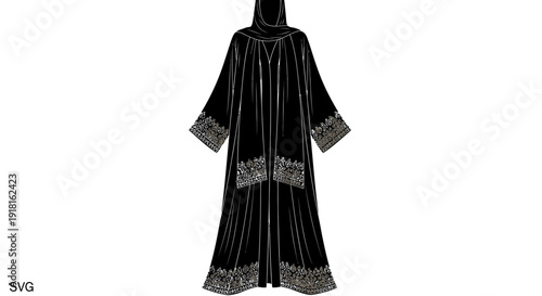 Traditional black abaya with intricate silver embroidery and striped pattern.