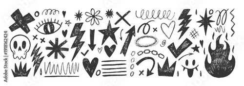 Rock music fire stickers featuring punk-inspired crayon hearts, hand-drawn doodles, and graffiti markers with retro tattoo elements. Vector illustration.