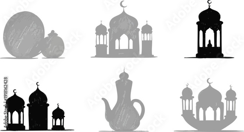 Flat design set of mosque silhouettes with traditional teapot and round decorative elements in simple black and gray vector art icons isolated on white background