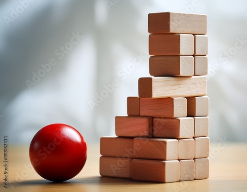 Wallpaper Mural a solitary red sphere rests near a precariously balanced tower of light colored wooden blocks suggesting concepts of stability risk and contrast Torontodigital.ca