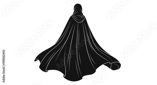 Mysterious figure draped in flowing black cloak illustration.