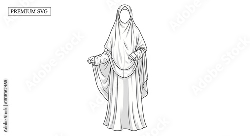 Simple line drawing of a woman wearing a long flowing robe and headscarf.