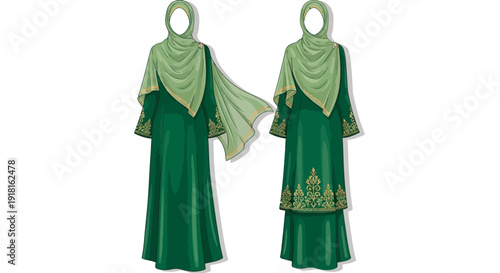 Traditional Muslim Women's Clothing with Green Hijab and Embroidered Dress.