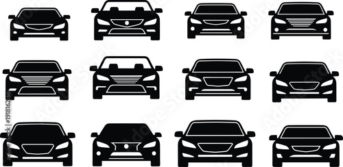 Car front view silhouette set showing modern sedan designs, representing automotive collection, vehicle branding, transportation icons, road travel, and auto industry concept