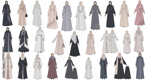 Diverse collection of traditional Islamic women's clothing in various colors and styles.