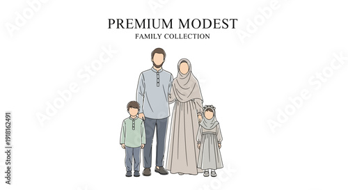 Illustration of a Muslim family with two children standing together.