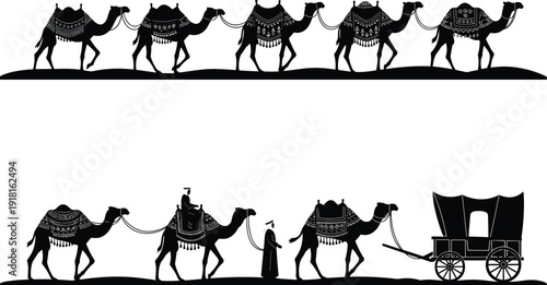 Camel caravan silhouette illustration showing desert travel procession with riders and carriage, representing nomadic journey, ancient trade routes, Middle Eastern culture, and arid landscape concept