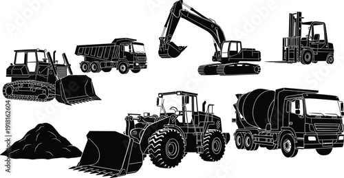 Construction machinery silhouette set including excavator, bulldozer, dump truck, forklift, loader, and concrete mixer, representing heavy equipment, industrial work, and building industry concept