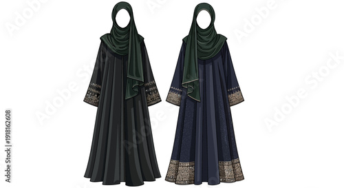 Two Islamic Women Wearing Abayas and Hijabs.