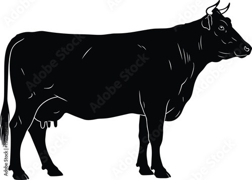 Cow silhouette side view illustration isolated on white background, farm animal livestock graphic representing agriculture, dairy farming, rural life, meat production, and animal husbandry concept