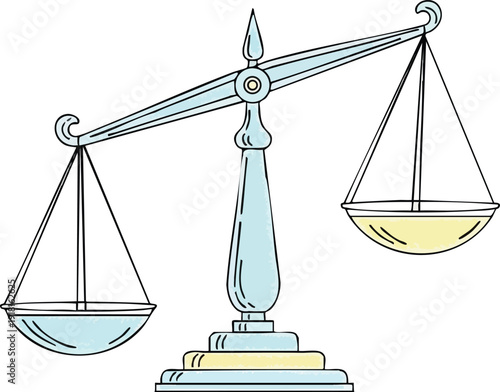 Hand drawn balance scale with blue and yellow pans tilted to right side isolated on white background simple pastel colors vintage style vector art illustration for justice concept