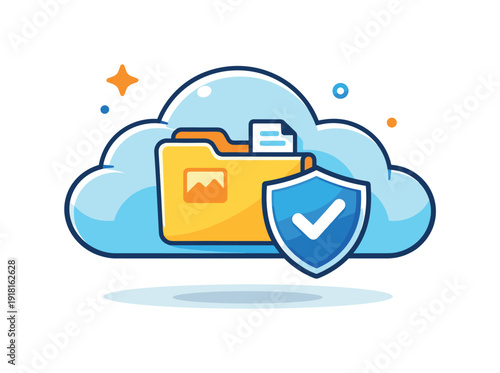 Personal cloud storage and digital backup awareness centered on protecting important information, a cloud holding a folder and a shield icon as a