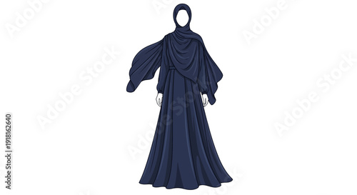 Woman wearing a long blue burqa with flowing sleeves and head covering.