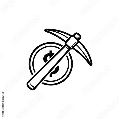 Black and white vector pickaxe and coin icon cryptocurrency mining and blockchain finance concept