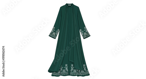 Elegant green long-sleeved dress with intricate embroidery on sleeves and hem.