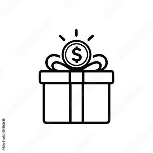 Black and white cryptocurrency reward gift box icon with digital coin bonus and blockchain cashback concept