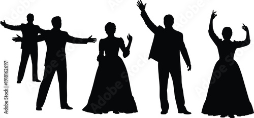 Dancing people silhouette set with men and women performing elegant ballroom and celebration poses, representing music rhythm, social event, joy, and festive entertainment concept
