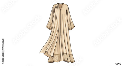 Elegant beige dress with flowing layers and long sleeves illustration.