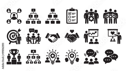 Teamwork and Business Leadership Icon Set for Corporate Training Materials, HR Management Platforms and Organizational Strategy Presentations