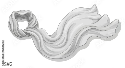 Grayscale illustration of a flowing ribbon or cloth tied in a knot.