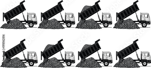 Dump truck unloading gravel and sand silhouette set, construction industry illustration showing heavy machinery, road work, mining, excavation, material transport, and industrial workflow concept