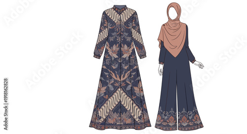 Traditional Muslim Clothing with Hijab and Long Dress.