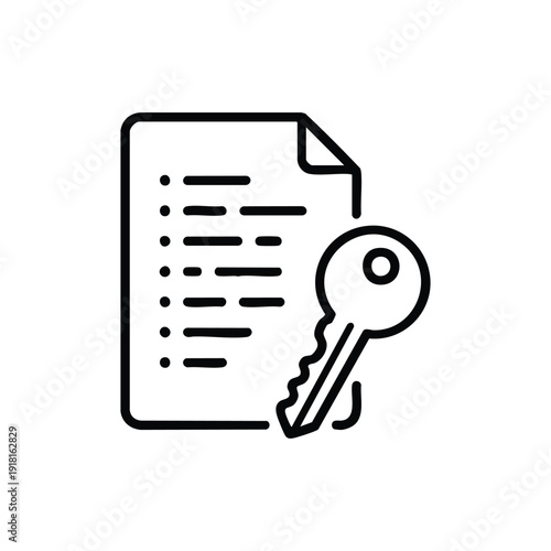 Black and white crypto key document line icon concept of blockchain security and cryptocurrency access