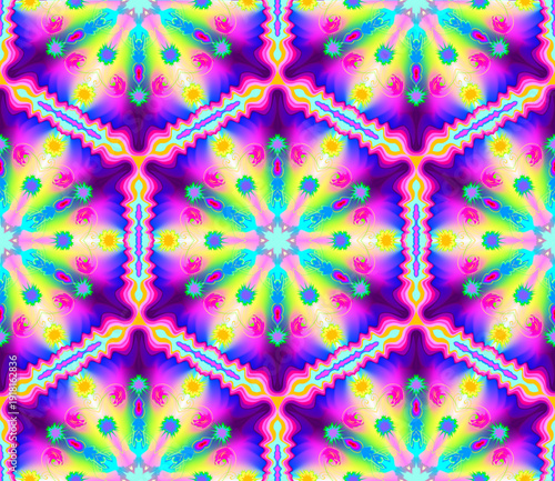 Seamless pattern ornament. Psychedelic illustration. Kaleidoscopic geometric design. Journey into the subconscious. Template for textile, fabric, decoration, wallpaper. Hand drawn vector background.